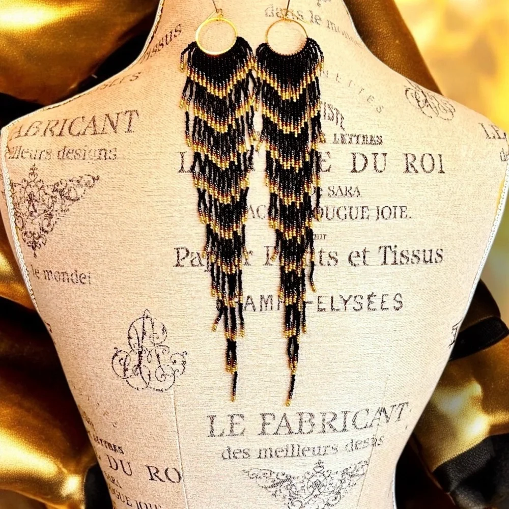 Black and Gold Glass Beaded Chandelier Earrings with Cascading Feather Design